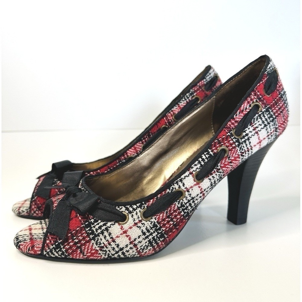 Steve Madden NINNA Plaid Peep Toe Heels Size 9 M Red Tweed Bow‎ Twee Y2K Pin-Up